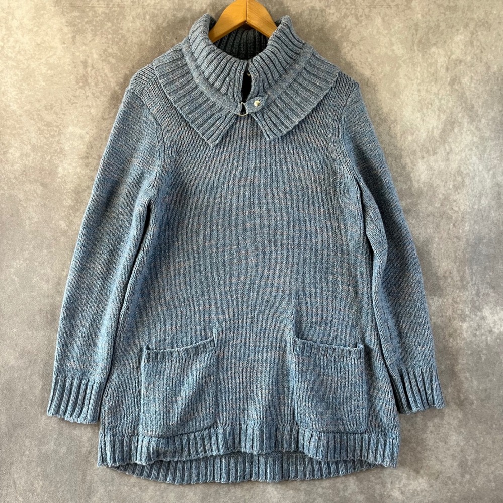 Soft Surroundings Tunic Sweater Womens Medium Blue Wool‎ Blend Split Cowl Neck